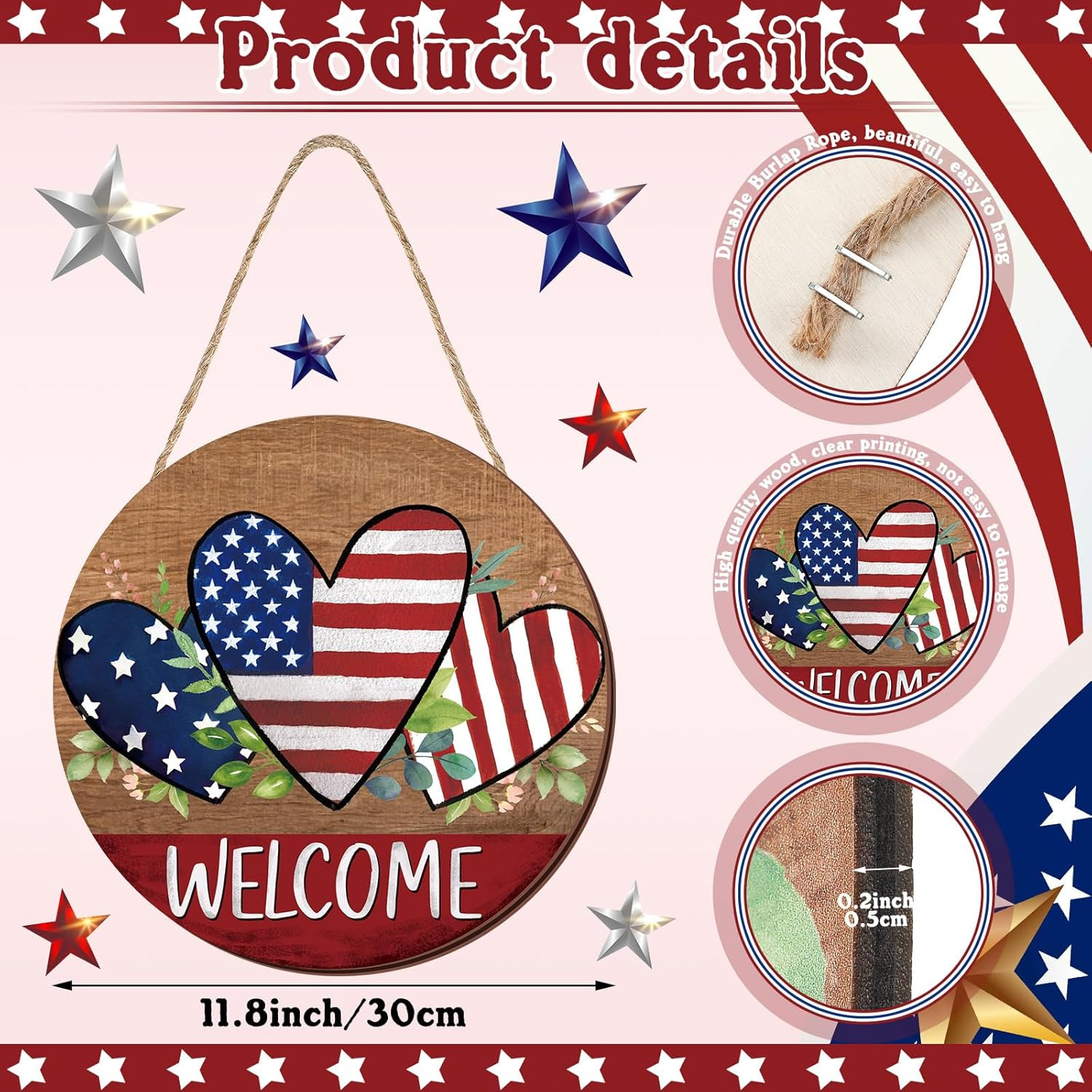 как выглядит 4Th of July Wooden Hanging Door Sign Patriotic Heart Welcome Sign Independence D фото