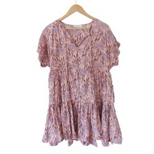 Madewell Button Front Tiered Dress in Oasis Palms XS Pink Blue Boho Festival