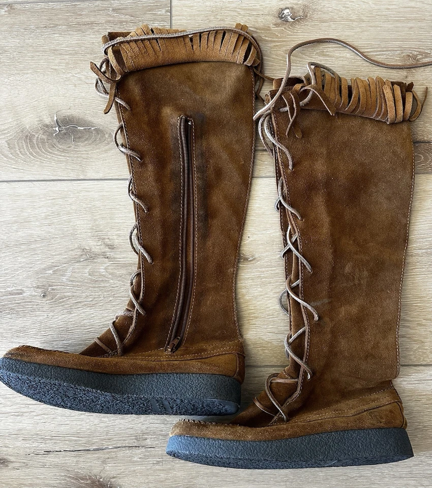 Botas altas mocasín de gamuza Report Dingo para mujer talla 8 con cordones flecos cuero Foto 3 de 4