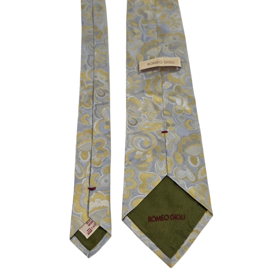 Corbata Romeo Gigli Para Hombre Lujo Gris Amarillo Seda Floral Bordada Clásica Foto 4 de 4