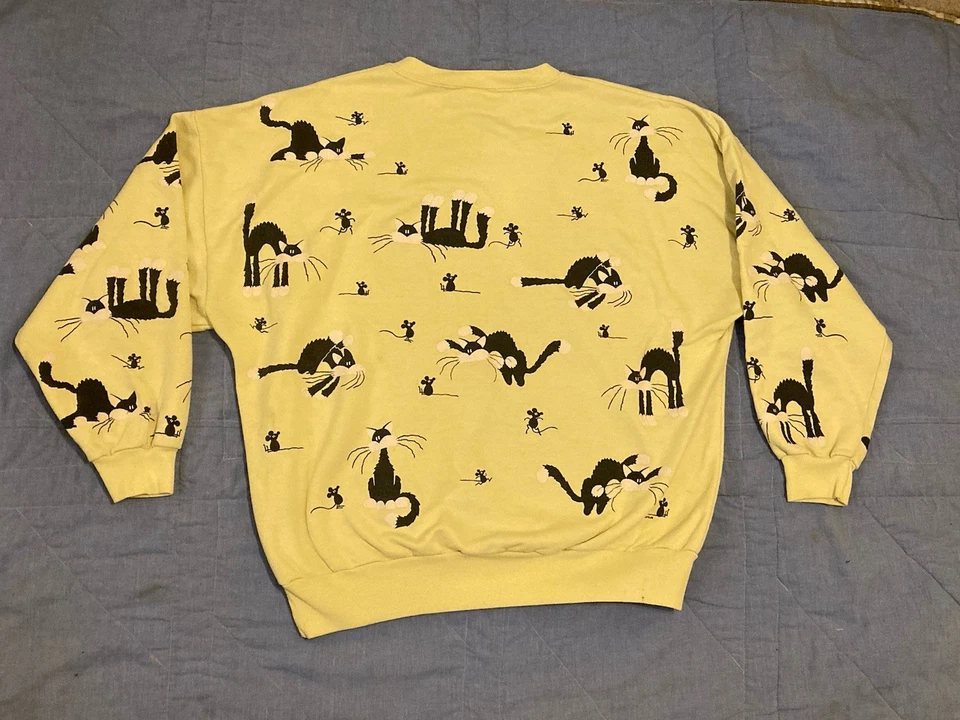 Vintage 80s Cats & Mice Novelty AOP Crew Neck Sweatshirt USA L Grunge Black Cat - Image 2 of 4