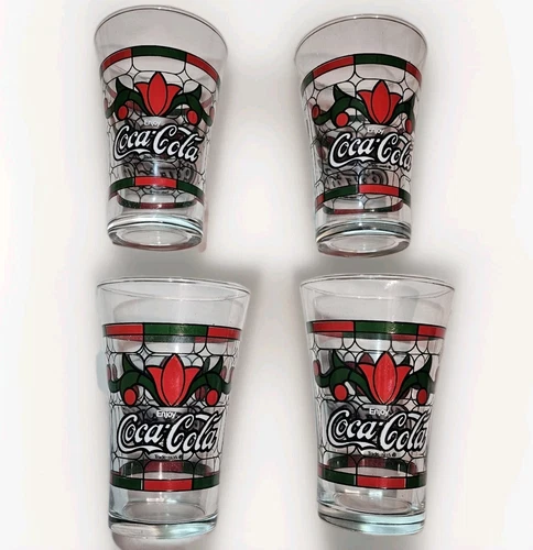 Vintage 70s Coca-Cola Tiffany Style Stained Glass Cups Red Tulips 5.5" Rare Set