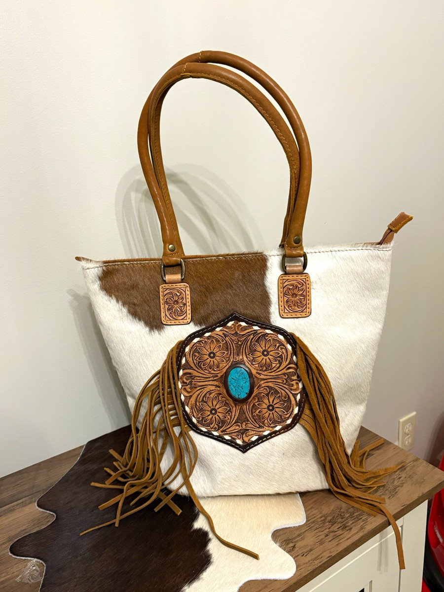 American Darling Western Tooled Fringe Tote Bag Brown/White Zip