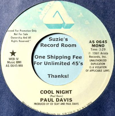 Paul Davis Cool Night DJ Promo NM Classic Pop Rock 45 7'' Vinyl -COUPONS!
