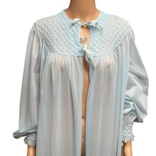 Vintage Blue Nylon Peignoir Robe Smocked Bodice Sleeve Cuff Rogers Run Proof