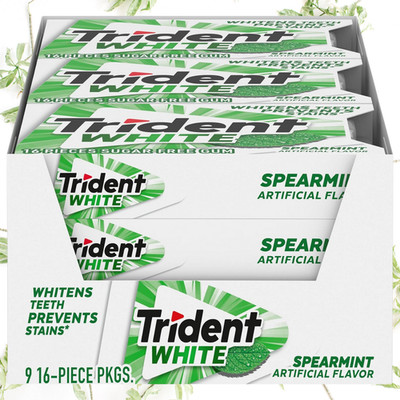 Trident White Spearmint Sugar Free Gum, 9 Pack of 16 Pieces