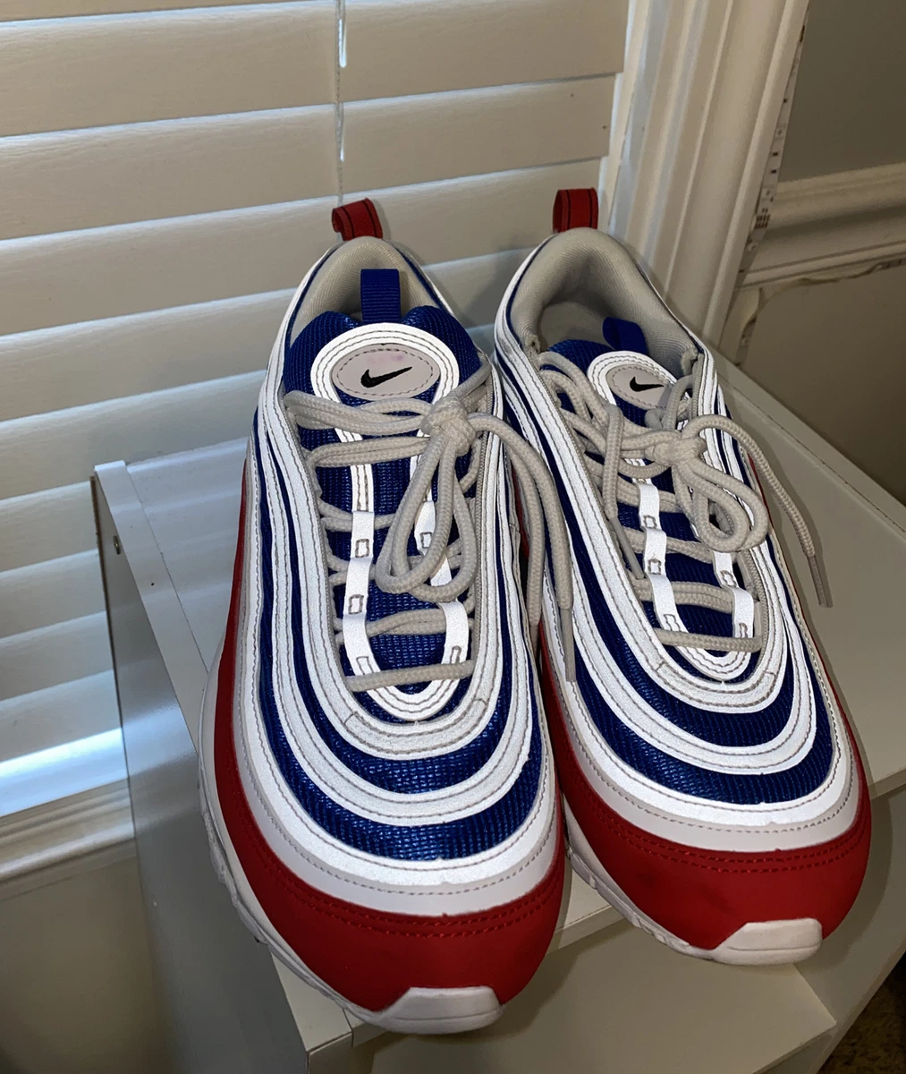 Size 7.5 Womens - Custom Nike Air Max 97 White, blue, and red