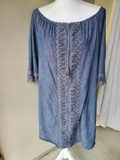 Miles Gabrielle Midi Dress Womens XL Blue Denim Crochet Off The Shoulder