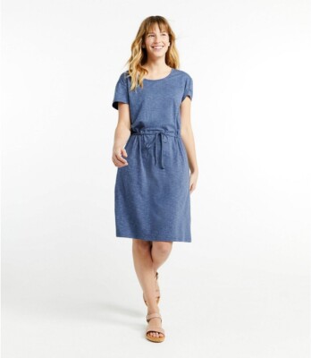 ll bean cotton dresses LL Bean Women's striped Cotton/Tencel Slub Dress, Short-Sleeve Tie-Front  size S