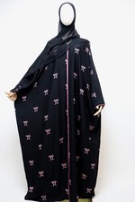 Dubai Abaya Open Farasha Bisht Muslim Women Dress Pink Bow Embroidery Black