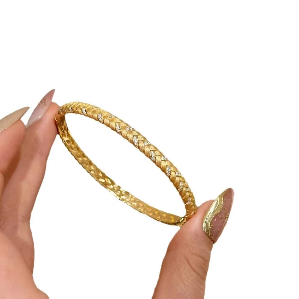Pulsera tejida trigo circón chapado en oro real 18K luz lujo retro mujer Foto 2 de 4