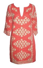 J CREW 2 Dress Linen Coral Pink Peach Beige Batik Tunic 3/4 Sleeve Cotton V Neck