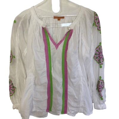 Roberta Freymann Roller Rabbit Top Small Peasant Blouse White Embroidered Boho