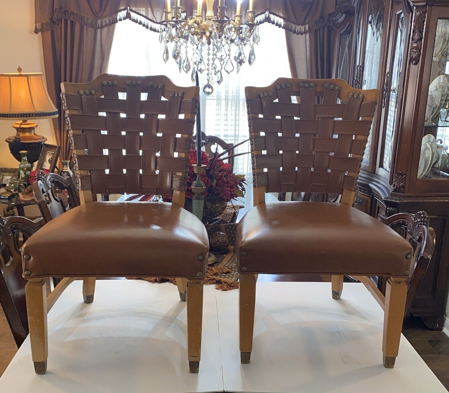 Vintage 2 Luby‘s Shelby Williams Chairs With Cushion Seats & Woven Leather Back