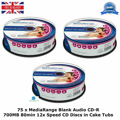75 x MediaRange Rohlinge Audio CD-R 700MB 80min 12x Geschwindigkeit neue CD Discs in Cake Tubs