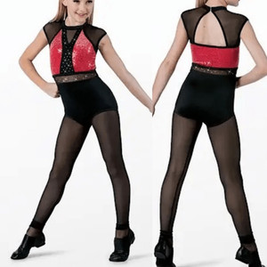 WEISSMAN Dance Costume unitard black red Cold Hearted Snake rhinestone 14693 LC