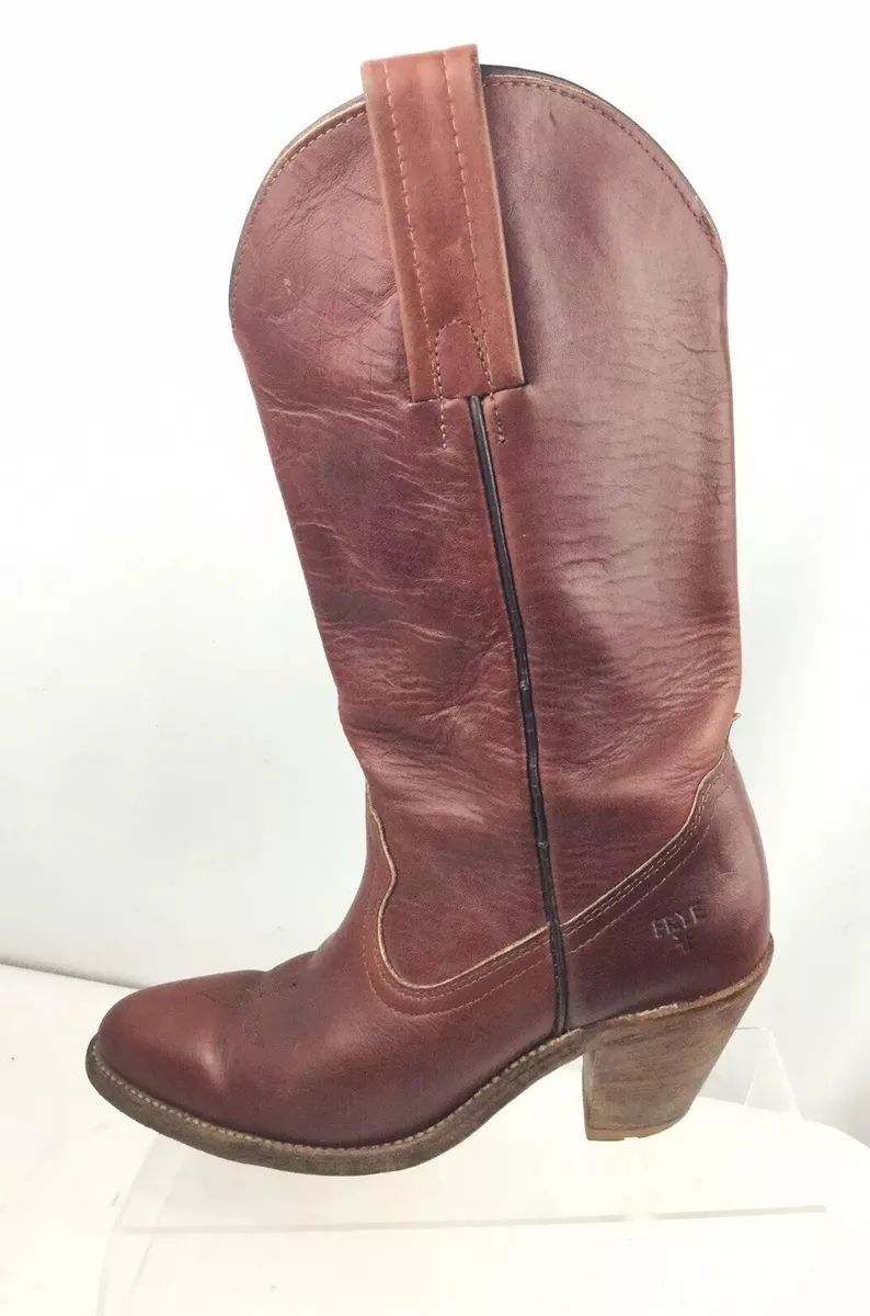 Frye Womens Red Cognac Leather Cowboy Boots Size 7AA Calf Length
