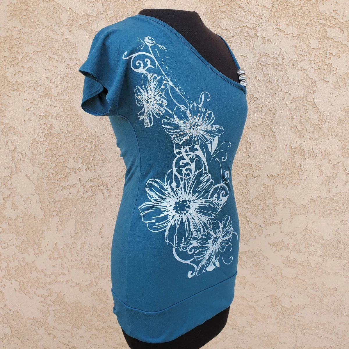 Vintage Y2K Papaya USA Asymmetrical Rhinestone Teal Floral One