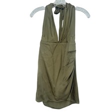 Zara Olive Green Satin Halter Mini Dress Ruched Open Back Cocktail Size Medium