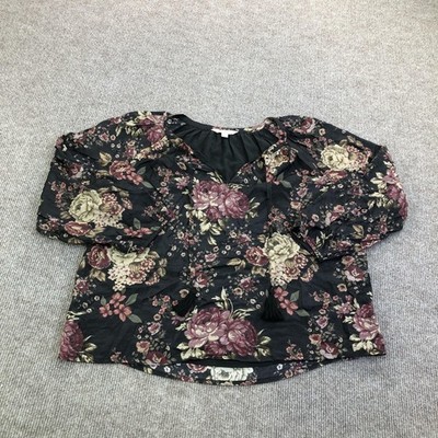 Lucky Brand Blouse Womens S Black V Neck Long Balloon Sleeve Floral Boho Tunic