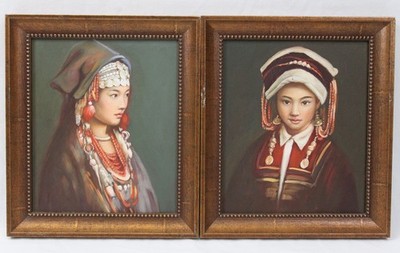 Oil Painting Portrait Pair Chinese Miao Woman Ornate Headdress Jewelry