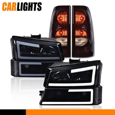 Fit For 2003-2007 Chevy Silverado LED DRL Bumper Headlights & Smoke Tail Lights