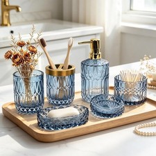 Blue Bathroom Accessories 5 Pcs Glass Bathroom Accessory Set Vintage Blue