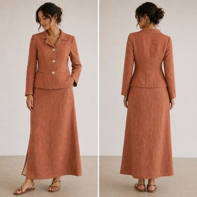Philippe Adec Linen Suit Womens 36/40 Orange 2pc Blazer Midi Set Made in France