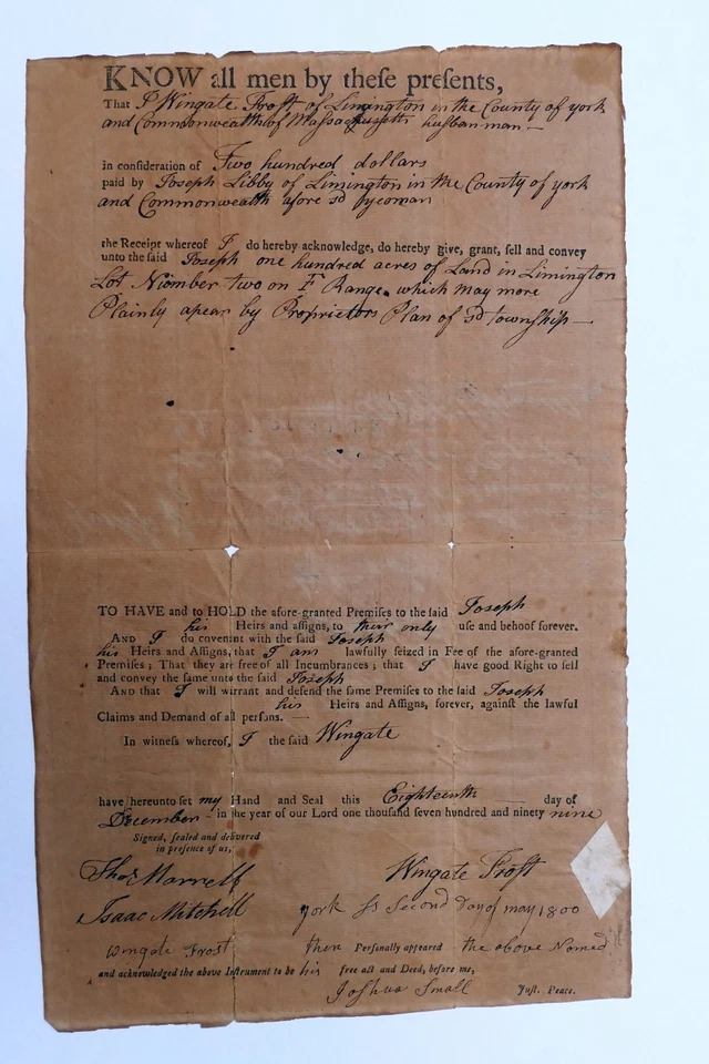 1799 Joseph Libby Land Deed YORK Limington Maine to Wingate Frost 100 acres - Image 2 of 4