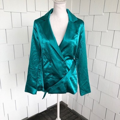 Charlie Holiday Women's Green Satin Belted Double Breasted Quest Blazer sz 4