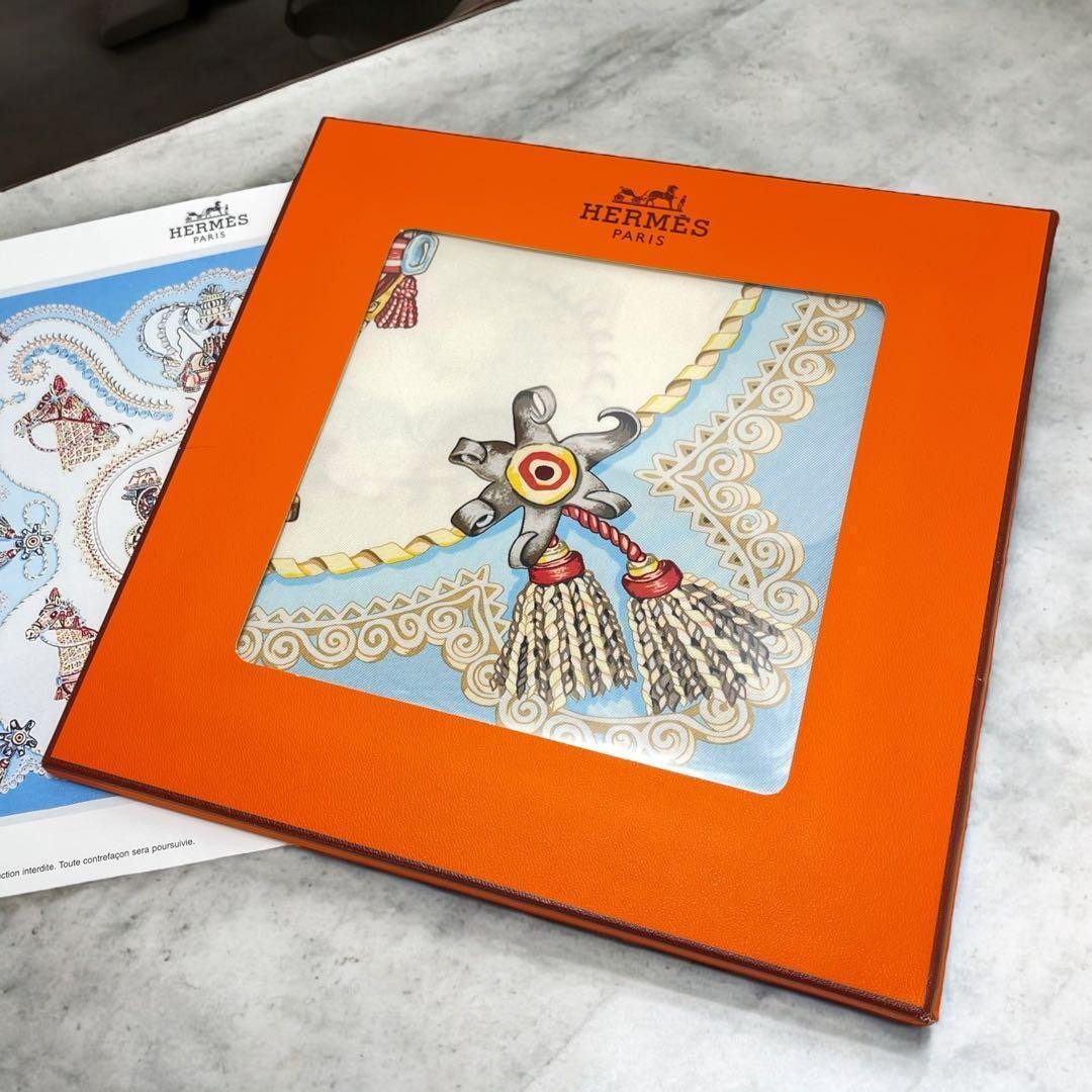 HERMES Light Blue Silk Scarf Paperoles 35x35 Inch Unisex Made in France