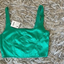 ZARA Green Satin Square Neck Sleeveless Cropped Tank Top for Women Size L
