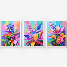 Triptych Set of 3 Colourful Flowers Paintings Art Prints Three Vibrant Pictures