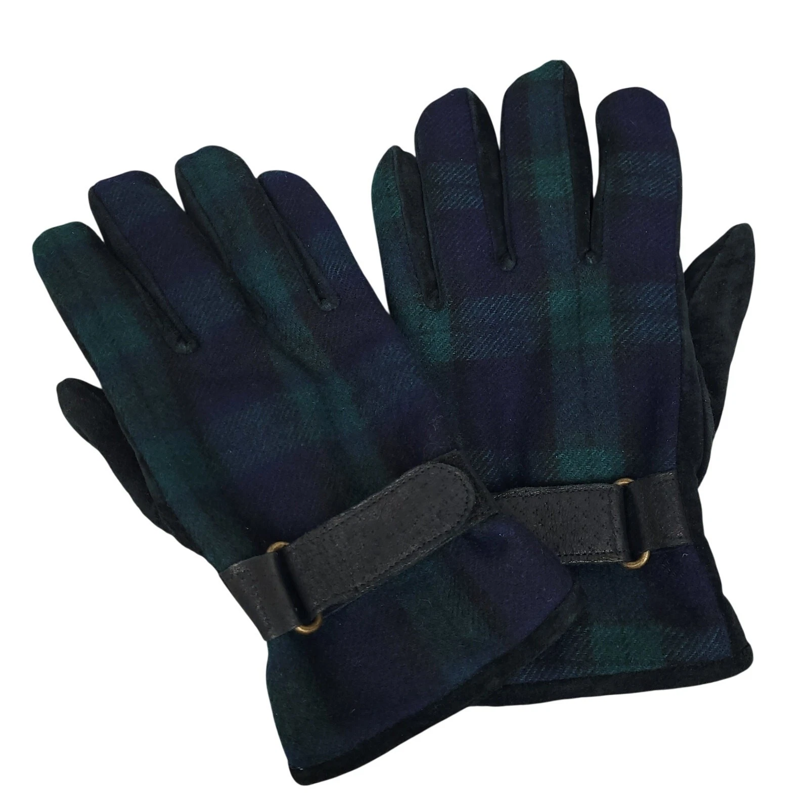 Mens Tartan Wool Leather Gloves Sz Medium Thinsulate Lined Blue Green Black EUC