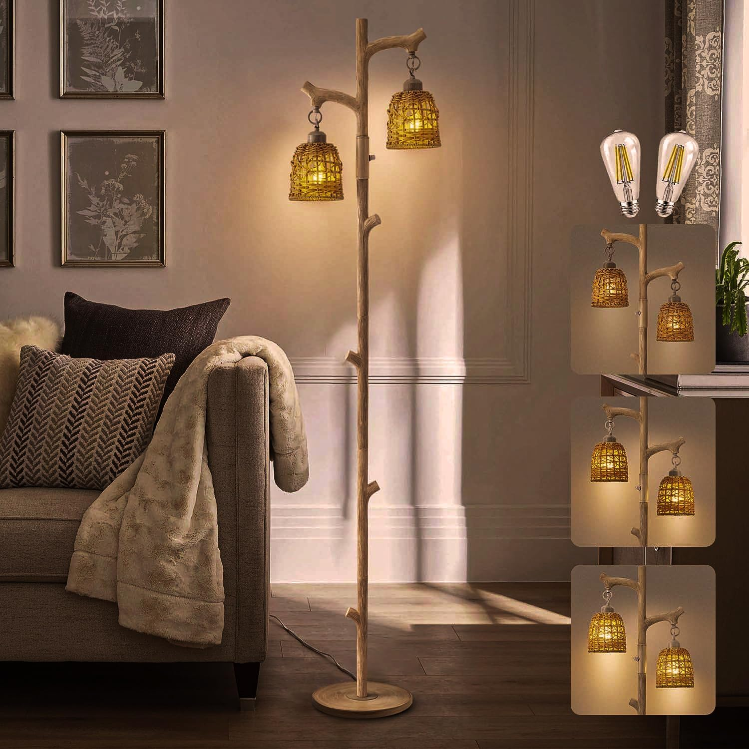 Rustic 68-Inch Farmhouse Floor Lamp with Tree Trunk Base for Living Room or Cottage