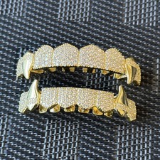 Iced Out Gold Color Plated Grillz Set Top Bottom Teeth Grills Hip Hop Jewelry