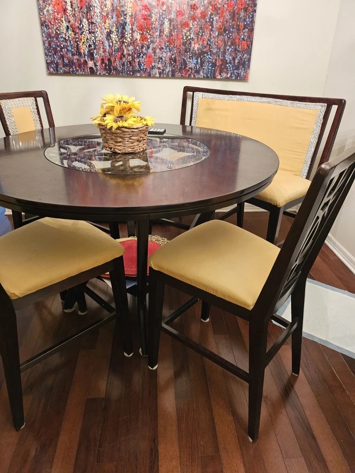 Round Wooden Dining Table Set with 3 Padded Chairs & 2 Seater Bench - Image 2 of 4