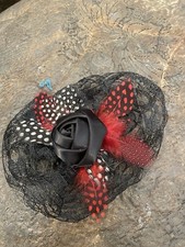 Retro Ruffled Black Lace Satin Rosette Guinea Feathers Fascinator Hair Clip