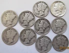 1917 to 1944 P, D & S Silver Mercury Dime set, 10 Different Circulated Dimes
