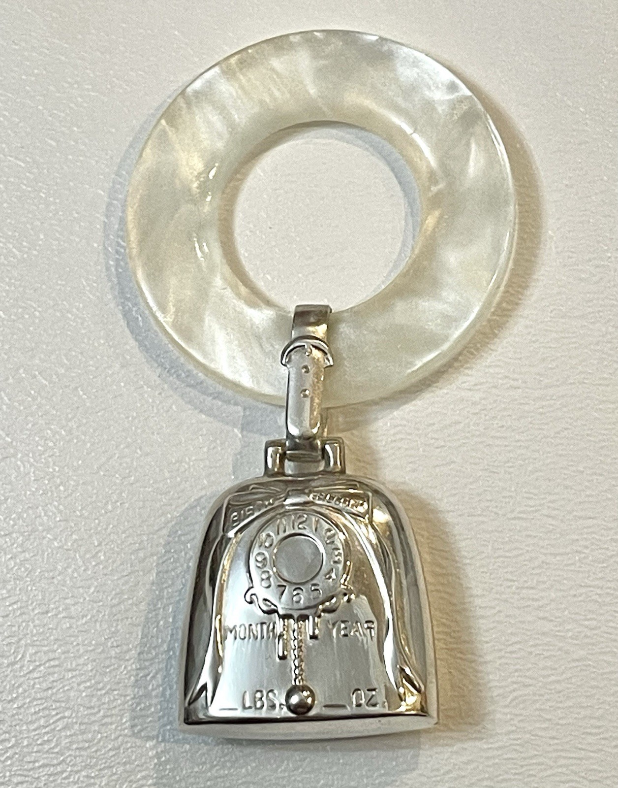 Sterling Silver Baby Rattle Mother-of-Pearl Teething Ring never Been Used