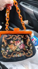 Vtg Needlepoint Floral Handbag W Amber Lucite Bakelite Frame  Chain Kiss Lock
