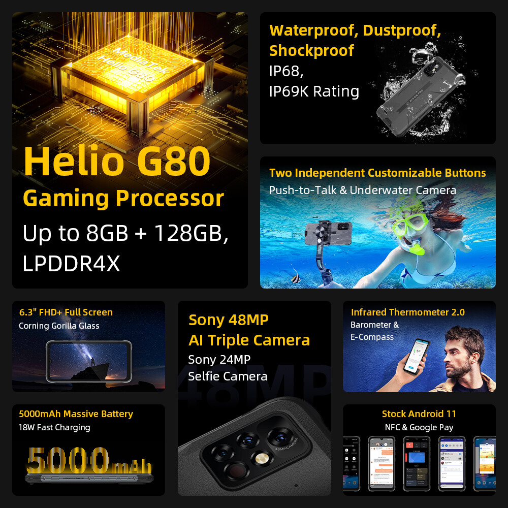 UMIDIGI BISON Pro Smartphone Rugged Waterproof Phone 128GB Helio G80 NFC Android