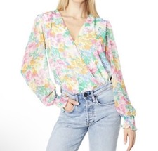WAYF Watercolor Floral Long Sleeve Surplice Neck Bodysuit SZ M EUC