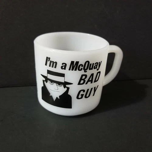 Federal Milk Glass Mug Rare Bad Guy Graphic 60s Spy Bad Idea 2 Sided McQuay