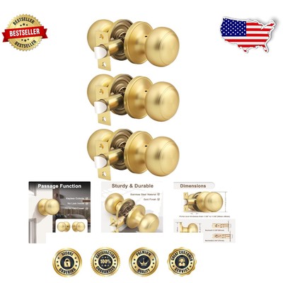 Stainless Steel Gold Passage Doorknobs - Keyless Installation (3-Pack)