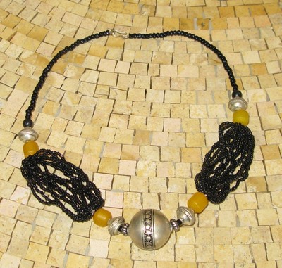 Moroccan resin amber coral glass silver bead necklace Ethnic