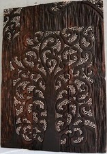 Pannello Quadro in legno albero della vita  arredo  cm 60x42x2 intagliato e dipi