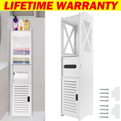 Bathroom Storage Cupboard Shelf Thin Cabinet Unit w/ Drawers Door Shelves White