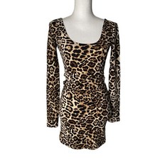 Forever 21 Leopard Mini Bodycon Dress Scoop Neck Scoop Back Small Long Sleeve