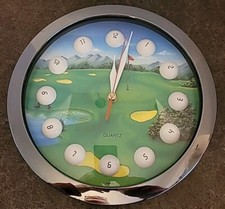 Working Golf Course Balls Wall Clock Quartz Chrome Rim 11 1/4" Vintage Battery